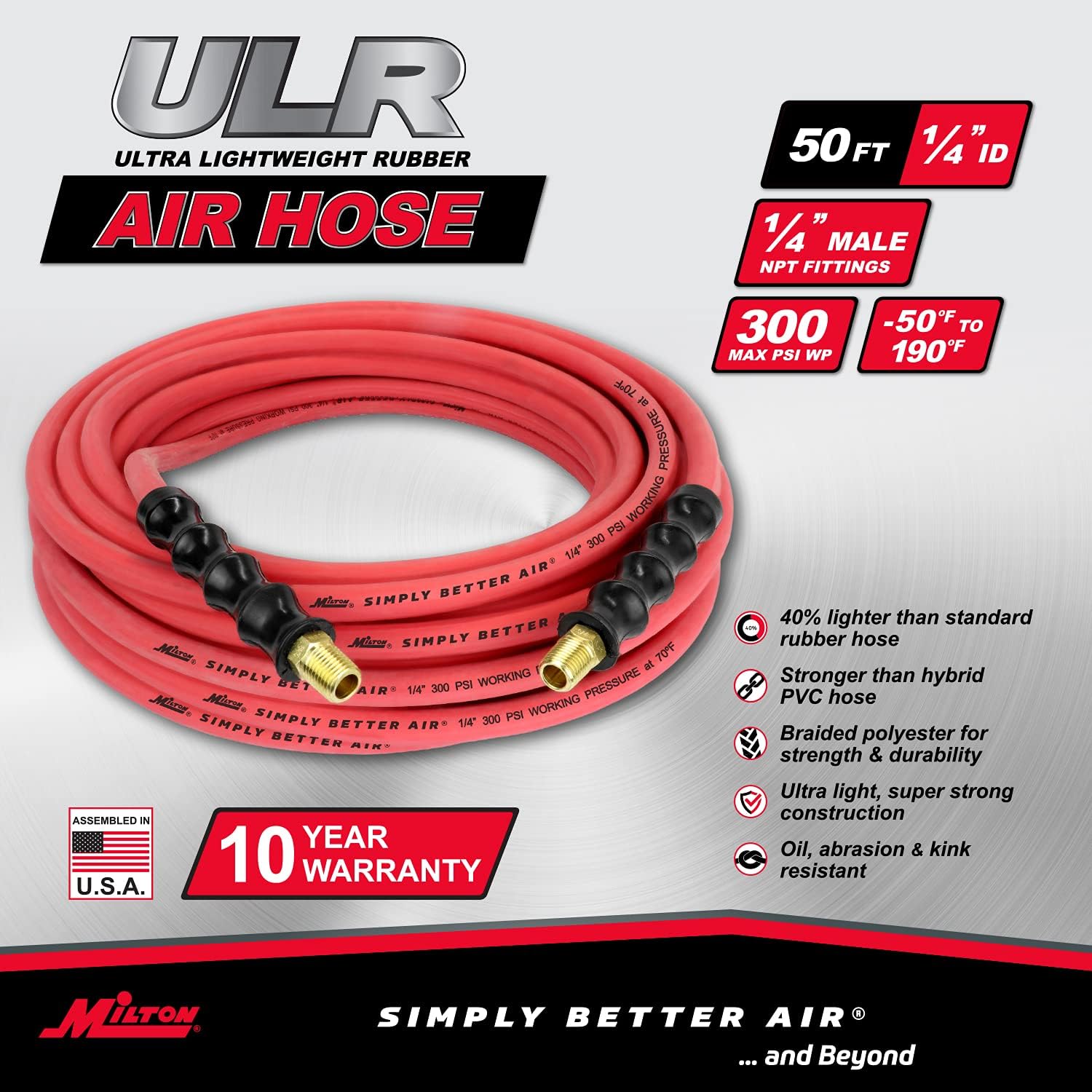Milton Industries ULR145014 1/4" x 50' Ultra Lightweight Rubber Air Hose With 1/4" NPT Ends