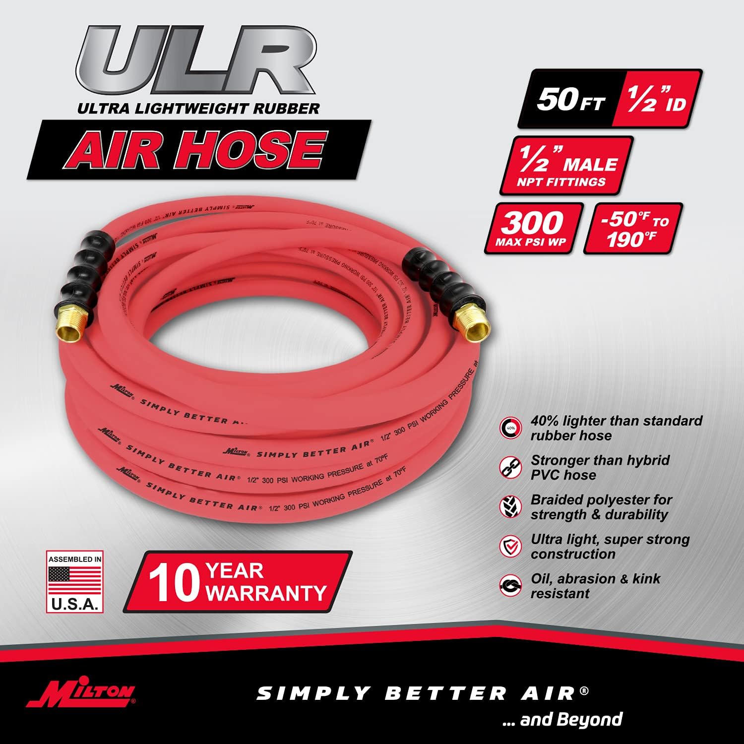 Milton Industries ULR125012 Tuyau d'air en caoutchouc ultra léger 1/2" x 50' avec extrémités 1/2" NPT