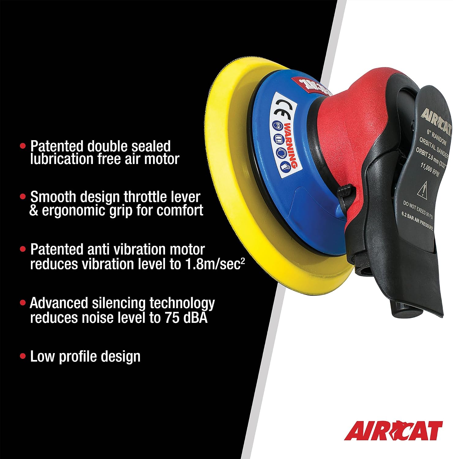 Aircat 6700-6-332 Orbital Palm Sander - feature list: anti-vibration motor, 75 dBA silencing technology, low profile design