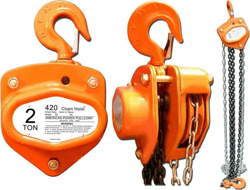 American Power Pull 420 2-Ton Chain Hoist - orange, front and side view with chain