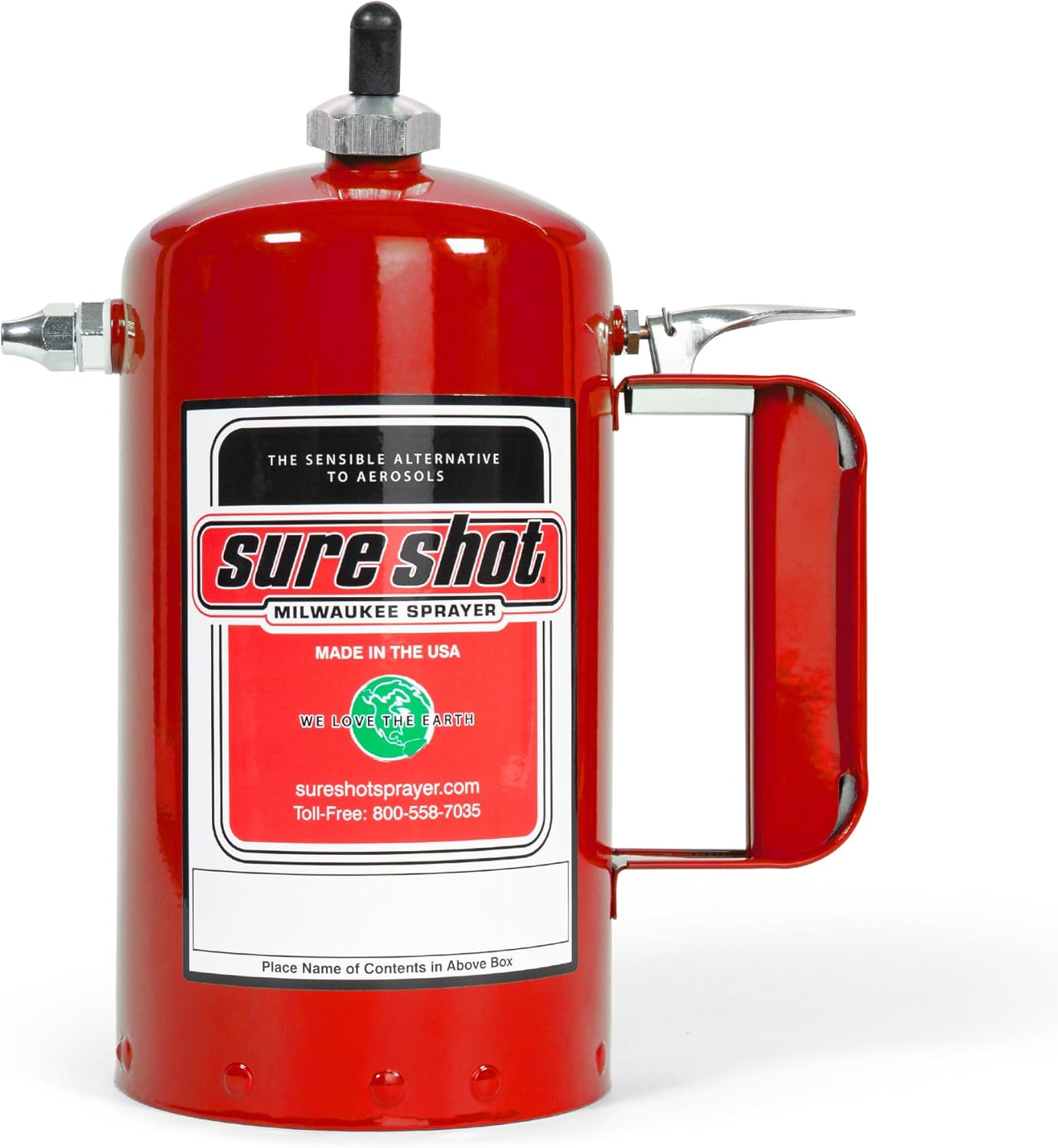 Sure Shot A1000R 1 Quart Red Enameled Steel Sprayer front view with handle and nozzle