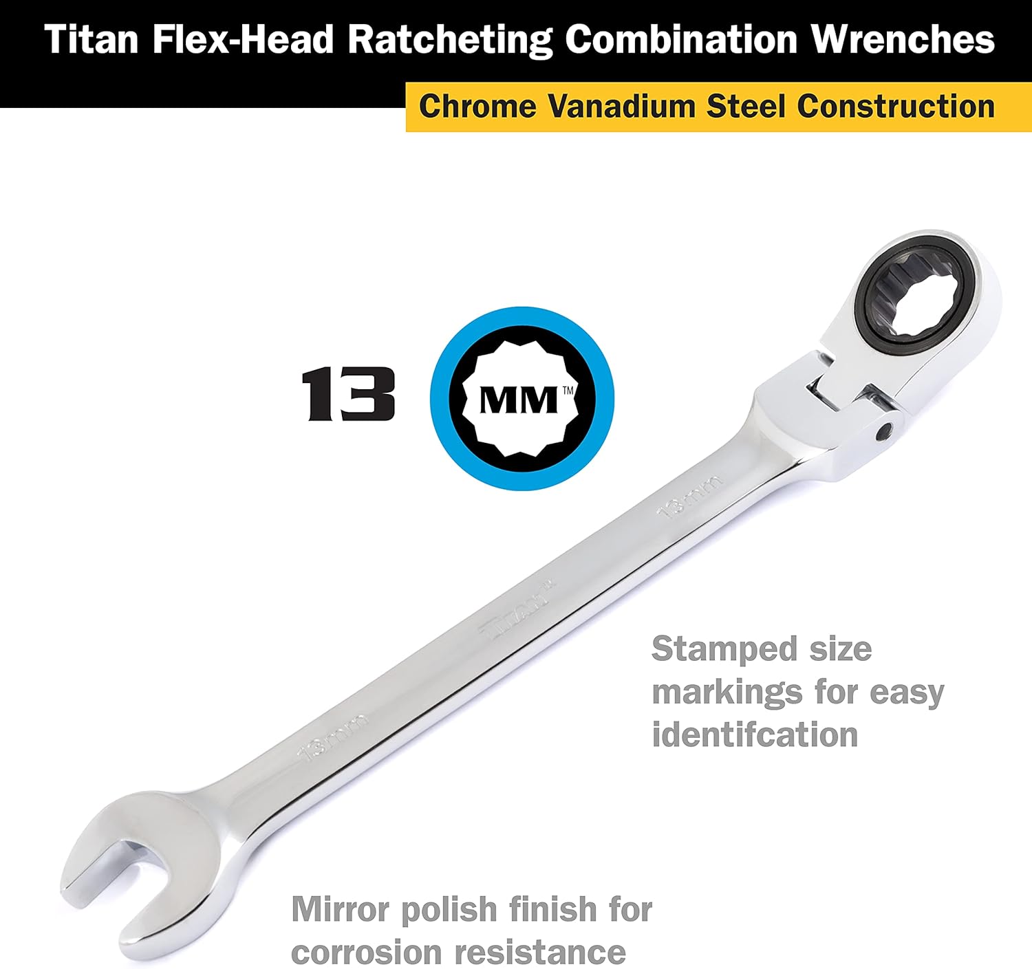 Titan Tools 12813 13 Mm 12 Pt. Flex-Head Ratcheting Combination Wrench
