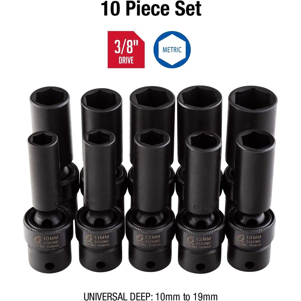 Sunex Tools 3660 3/8 in. Drive Deep Metric Universal Socket Impact Set, 10 pieces