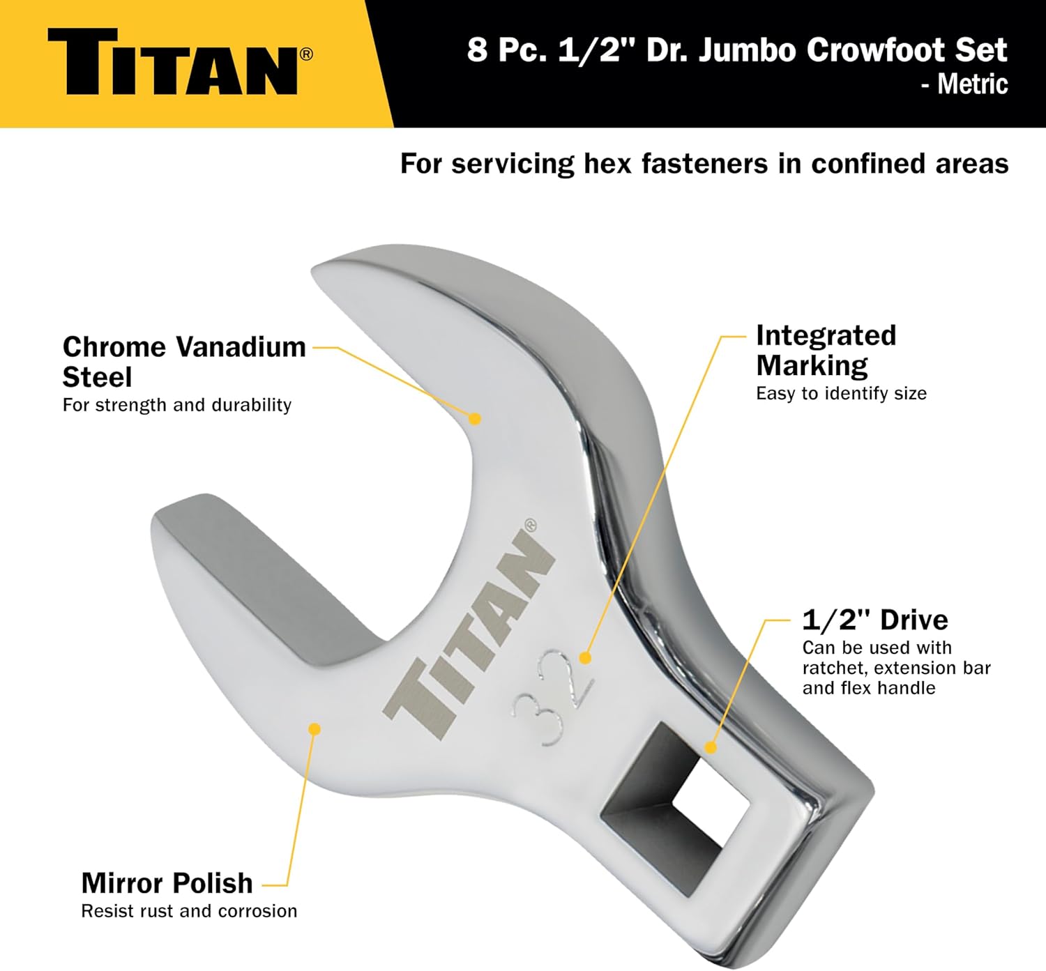 Titan Tools 17678 feature callout: chrome vanadium steel, mirror polish finish, integrated size marking, 1/2" drive