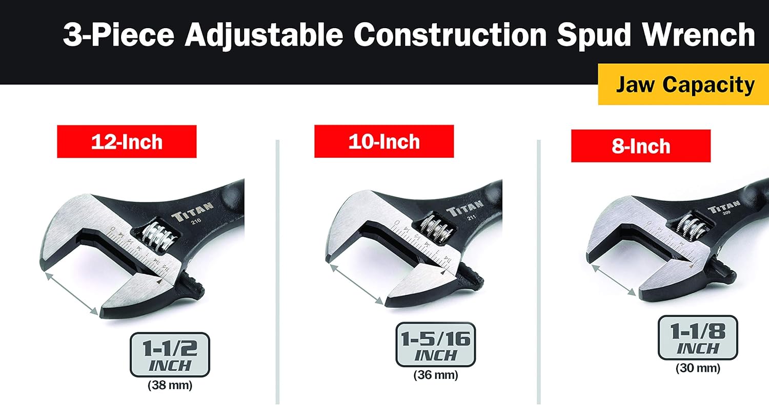 Titan Tools 223 3-pc Adjustable Construction Wrench Set, 10"/12"/16" Long, 1-1/8", 1-5/6", 1-1/2" Openings