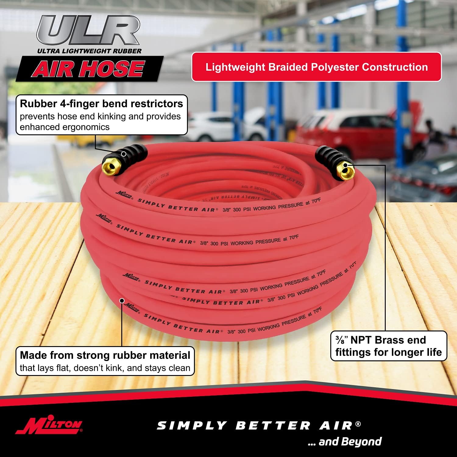 Milton Industries ULR3810038 TUYAU À AIR EN CAOUTCHOUC ULTRA LÉGER 3/8" X 100' AVEC EXTRÉMITÉS 3/8" NPT