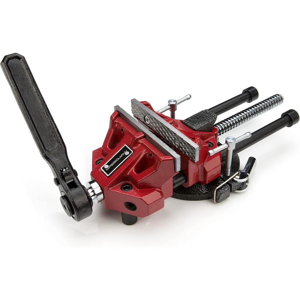 SPEEDJAW 4-Inch Low-Profile Bench Vise, Ratcheting Handle, Detachable Posi-clock Base Mount, Durable Steel Jaws