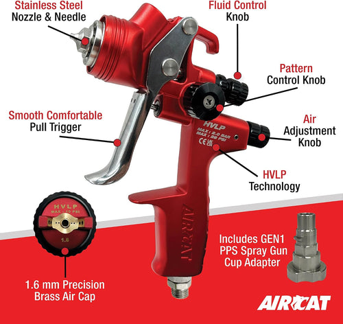 Aircat 6905 HVLP Spray Gun features diagram showing stainless steel nozzle and needle, fluid control knob, pattern control knob, air adjustment knob, and included GEN1 PPS adapter