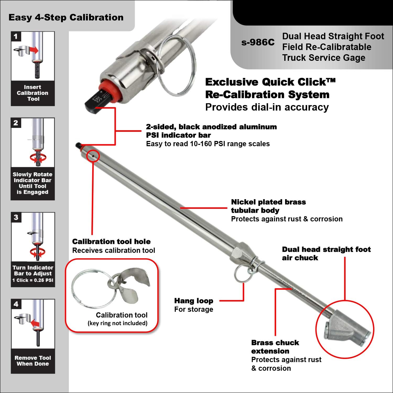 Milton Industries S-986C Calibratable 986 Straight Foot Inner Duals Service Gage, PSI Scale