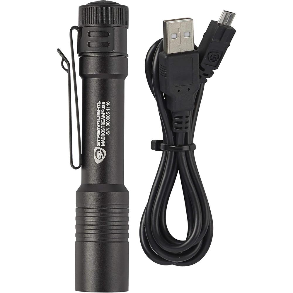 Streamlight 66320 MacroStream USB 500-Lumen Rechargeable Compact Flashlight with Wrist Lanyard, Hat Clip and USB Cord, Black
