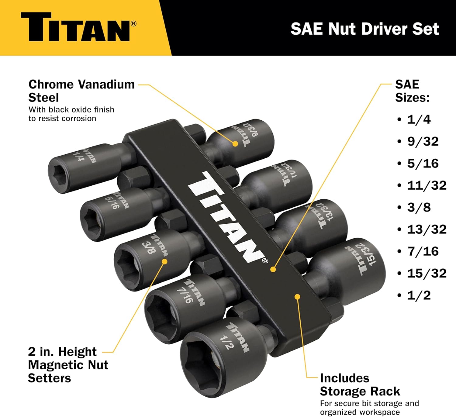 Titan Tools 16298 9pc Magnetic SAE Impact Nut Driver Kit, 1/4"-1/2"