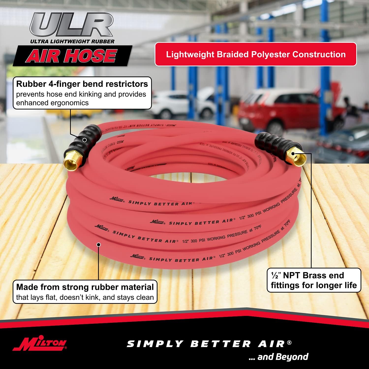 Milton Industries ULR125012 Tuyau d'air en caoutchouc ultra léger 1/2" x 50' avec extrémités 1/2" NPT
