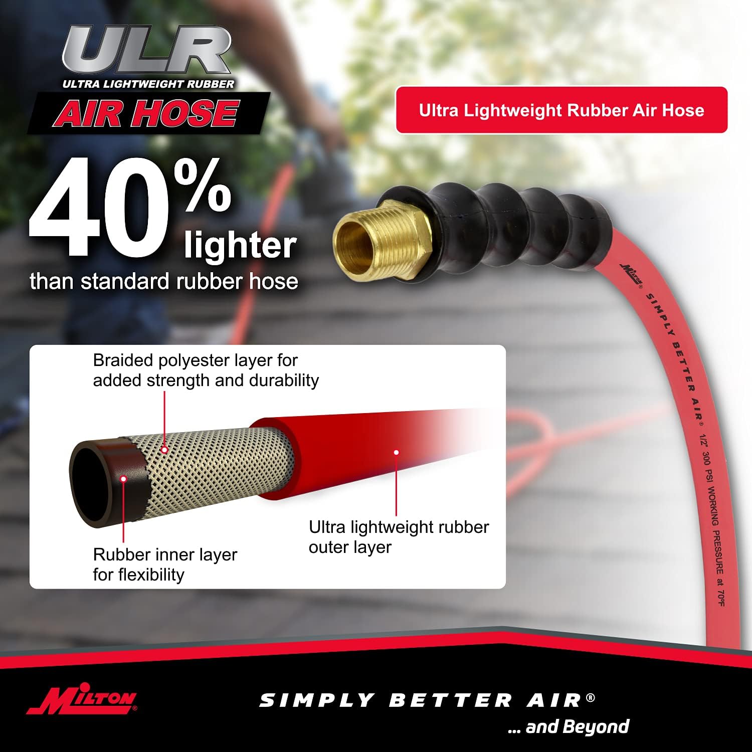 Milton Industries ULR122512 Tuyau d'air en caoutchouc ultra léger de 1/2" x 25' avec extrémités NPT de 1/2"