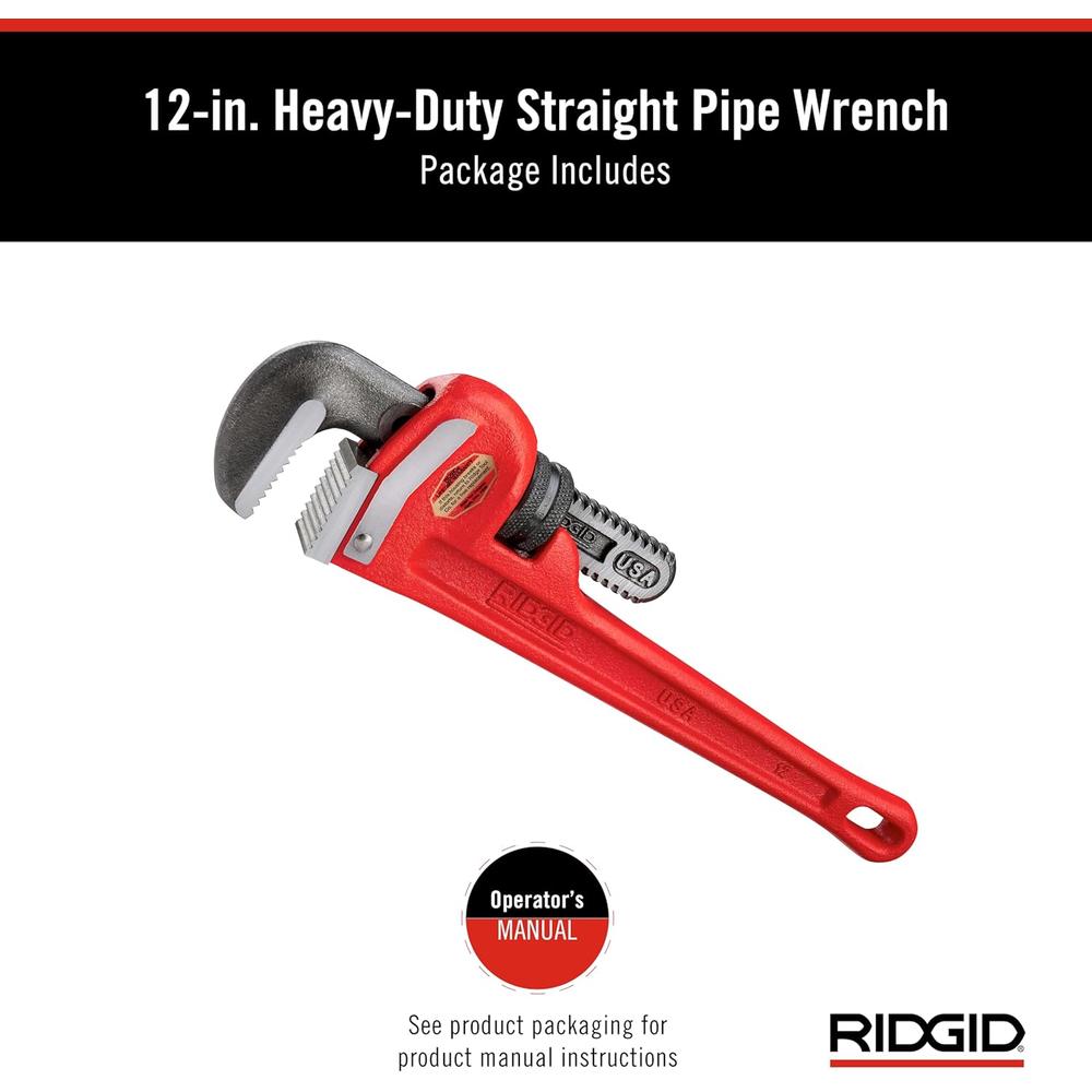 Ridgid 31015 Model 12 Heavy-Duty Straight Pipe Wrench, 12" Plumbing Wrench - Red, Small