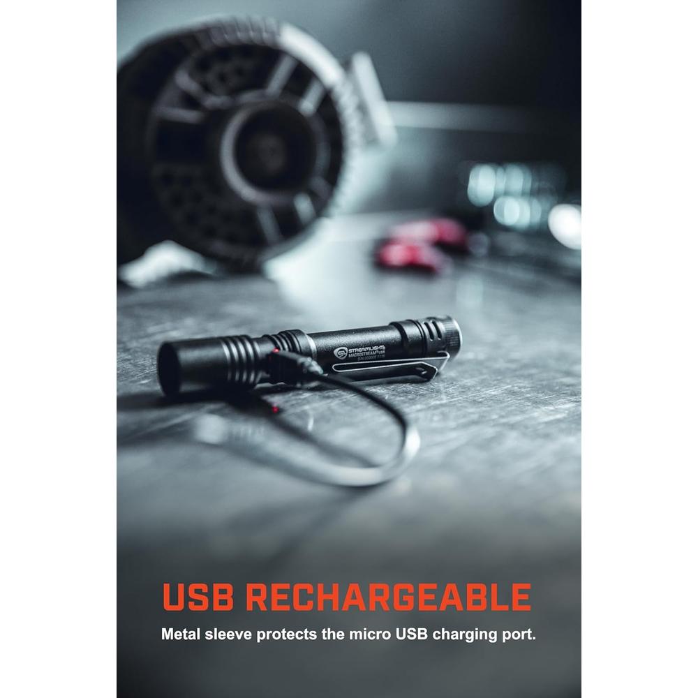 Streamlight 66320 MacroStream USB 500-Lumen Rechargeable Compact Flashlight with Wrist Lanyard, Hat Clip and USB Cord, Black