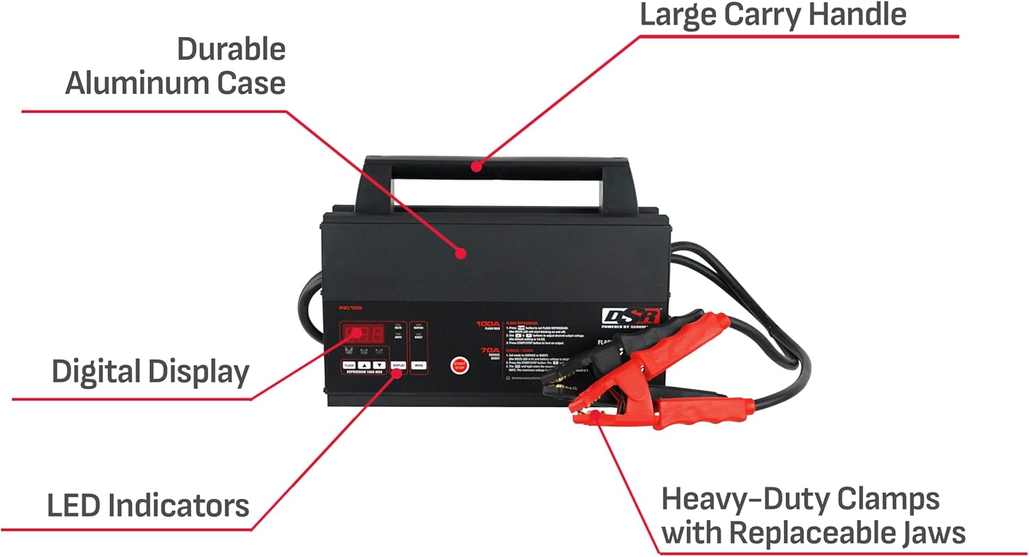 Schumacher Electric DSR ProSeries INC100 Chargeur de batterie 100 A 12 V, reprogrammeur flash et alimentation avec support de batterie, supports de montage réglables inclus