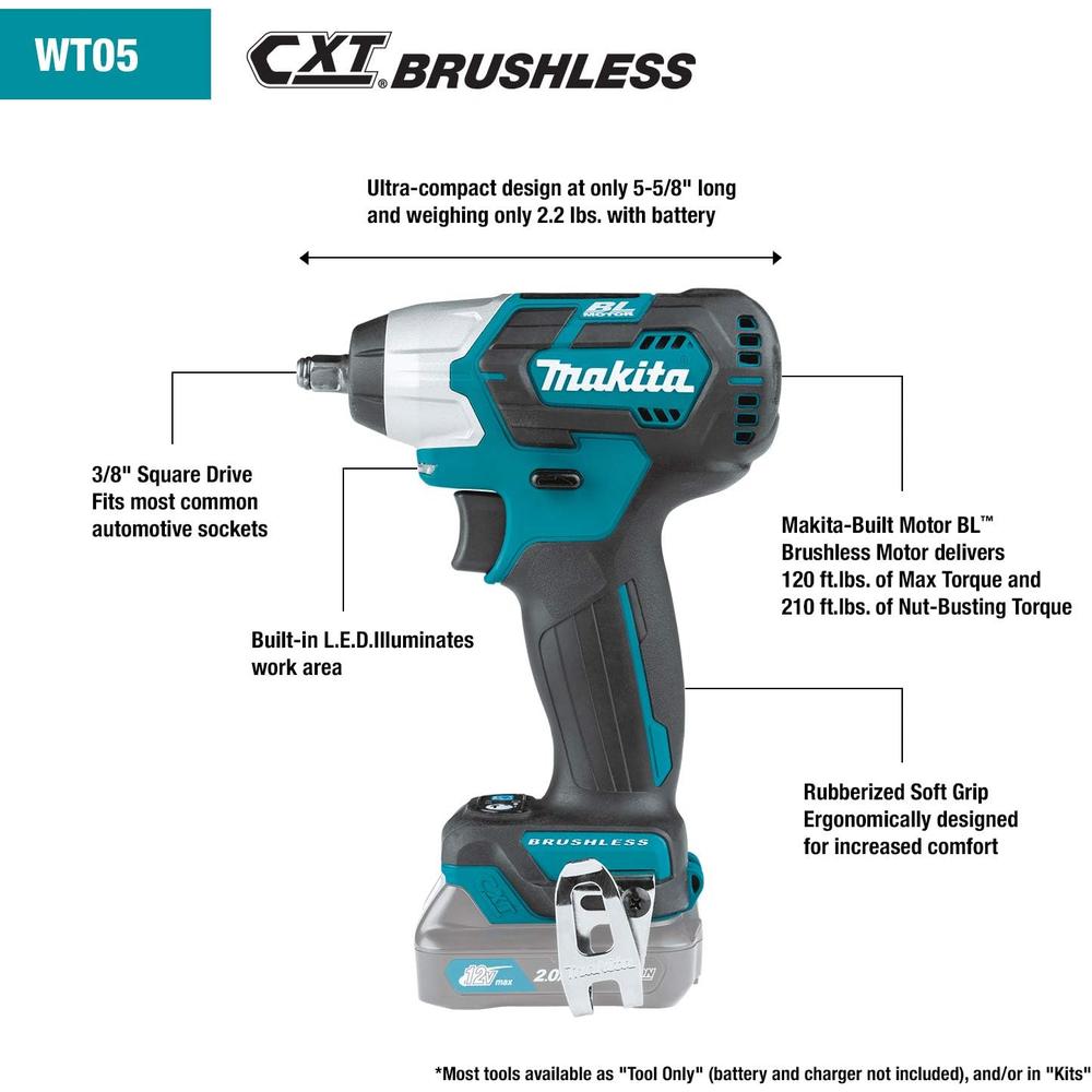 Makita WT05R1 12V max CXT Lithium-Ion Brushless Cordless 3/8" Sq. Drive Impact Wrench Kit (2.0Ah)