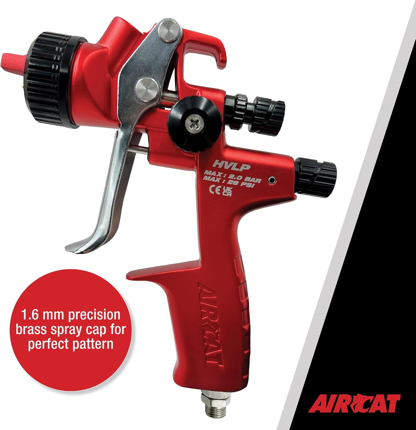 Aircat 6905 HVLP Spray Gun side view highlighting 1.6mm precision brass spray cap for perfect spray pattern