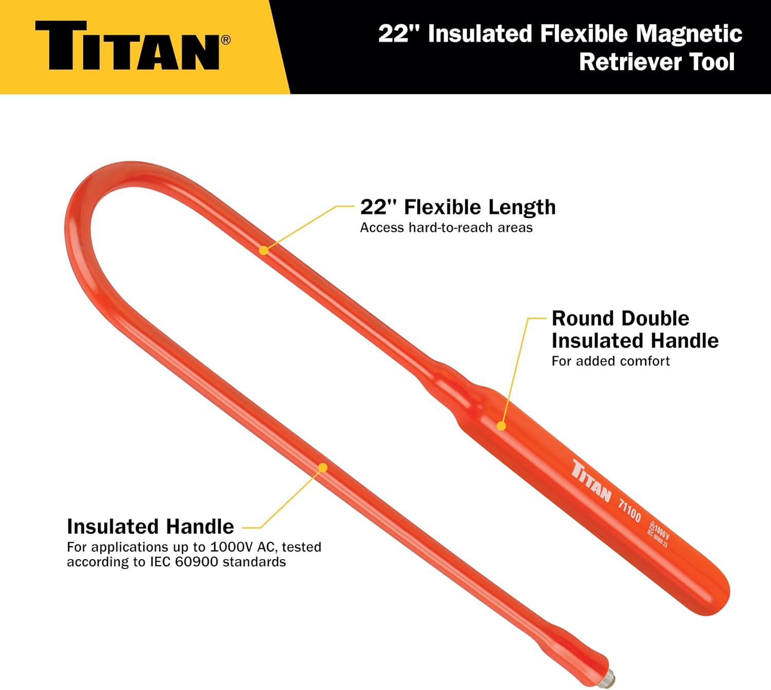Titan Tools 71100 22" Long 1000V Insulated Flexible Magnetic Pick-Up Tool, 1.5 Lbs Magnetic Capacity
