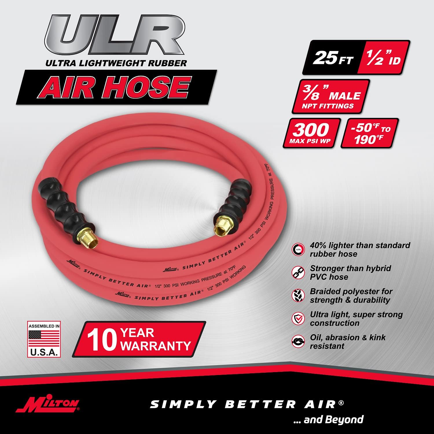 Milton Industries ULR122538 1/2" X 25' ULTRA LIGHTWEIGHT RUBBER AIR HOSE WITH 3/8" NPT ENDS