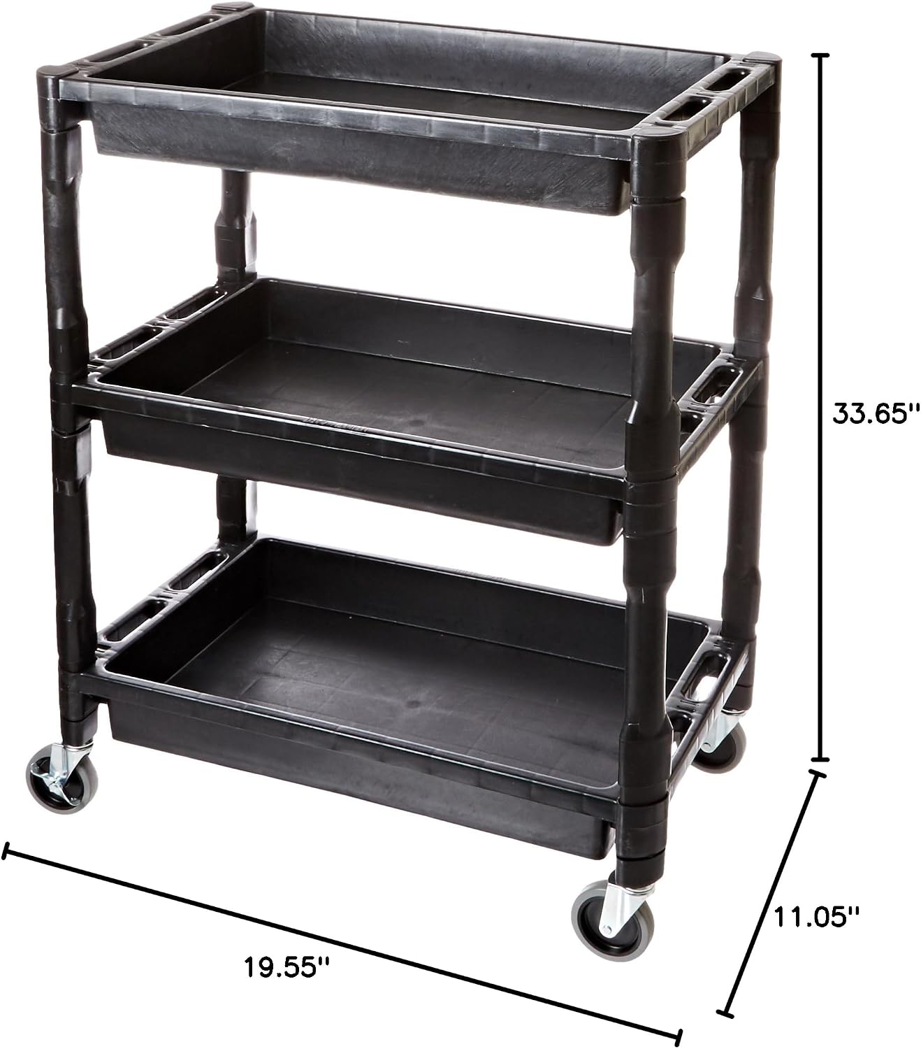 ATD Tools 7017 Utility Cart with dimension callouts - 33.65 in height, 19.55 in depth, 11.05 in shelf height