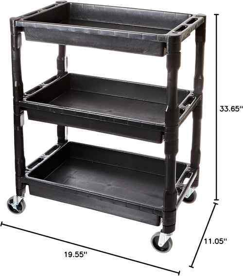 ATD Tools 7017 Utility Cart with dimension callouts - 33.65 in height, 19.55 in depth, 11.05 in shelf height