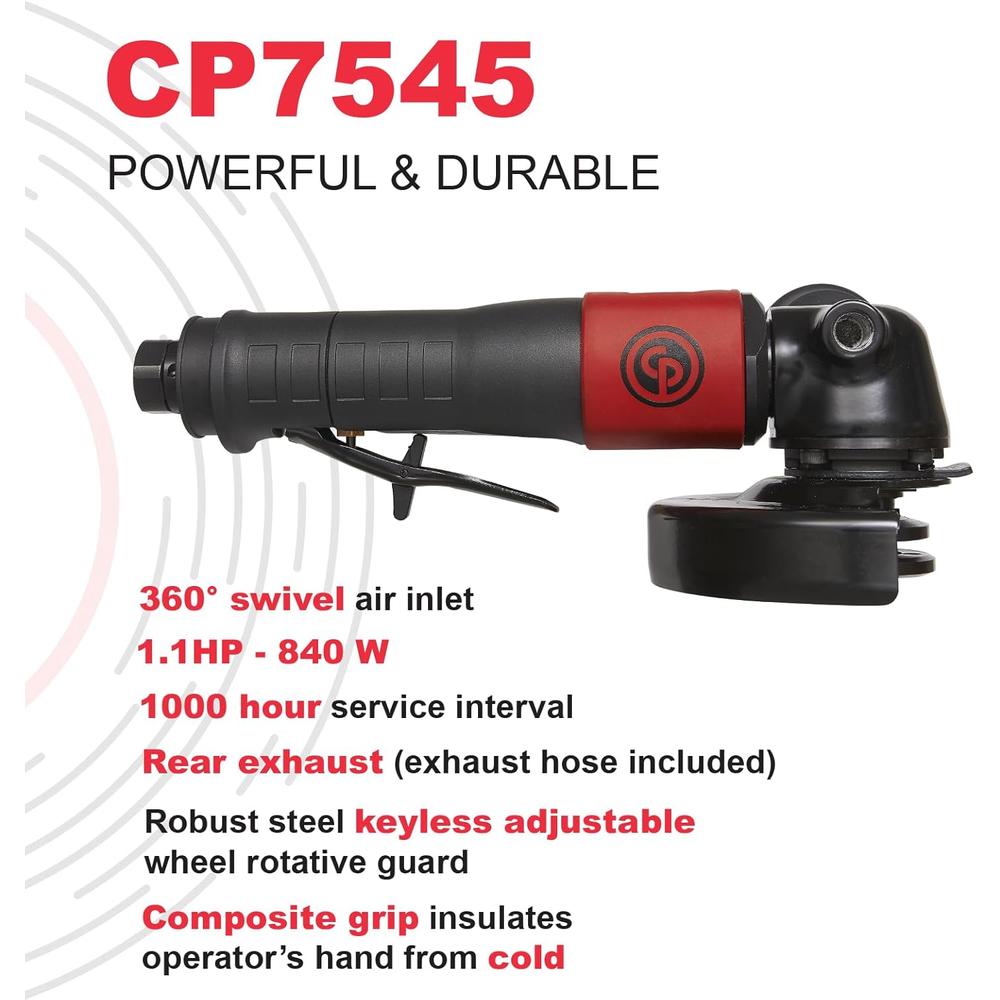 Chicago Pneumatic 7545B Meuleuse d'angle à air robuste avec capacité de roue de 4-1/2", filetage de broche 5/8"-11, 12 000 tr/min (8941075452)