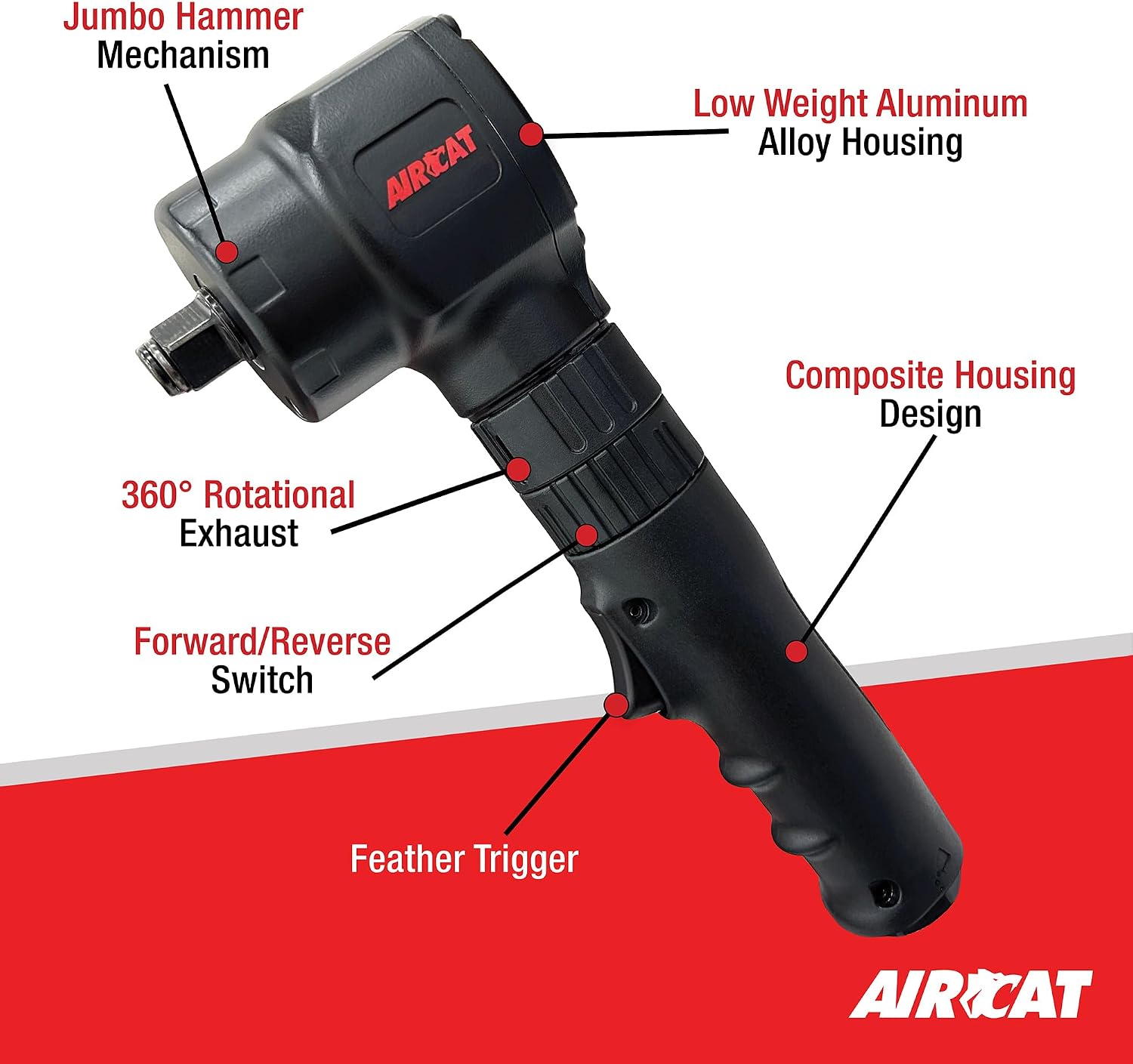 Aircat 1070 Angle Impact Wrench feature callout showing Jumbo Hammer Mechanism, Low Weight Aluminum Alloy Housing, 360 Degree Rotational Exhaust, Forward/Reverse Switch, Composite Housing Design, and Feather Trigger