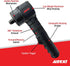 Aircat 1070 Angle Impact Wrench feature callout showing Jumbo Hammer Mechanism, Low Weight Aluminum Alloy Housing, 360 Degree Rotational Exhaust, Forward/Reverse Switch, Composite Housing Design, and Feather Trigger