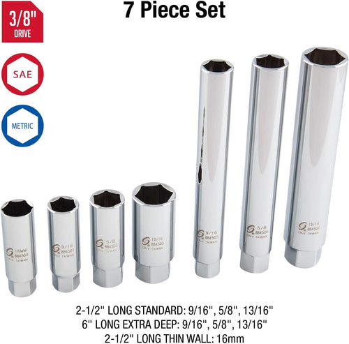 Sunex 8845 3/8-Inch Drive Spark Plug Socket Set, CR-V, 7-Pieces