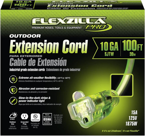 Legacy Manufacturing FZ512935 100 FT. FLEXZILLA PRO EXTENSION CORD, 10/3 SJTW, LIGHTED PLUG, INDOOR/OUTDOOR, ZILLAGREEN, 1875W, 15A