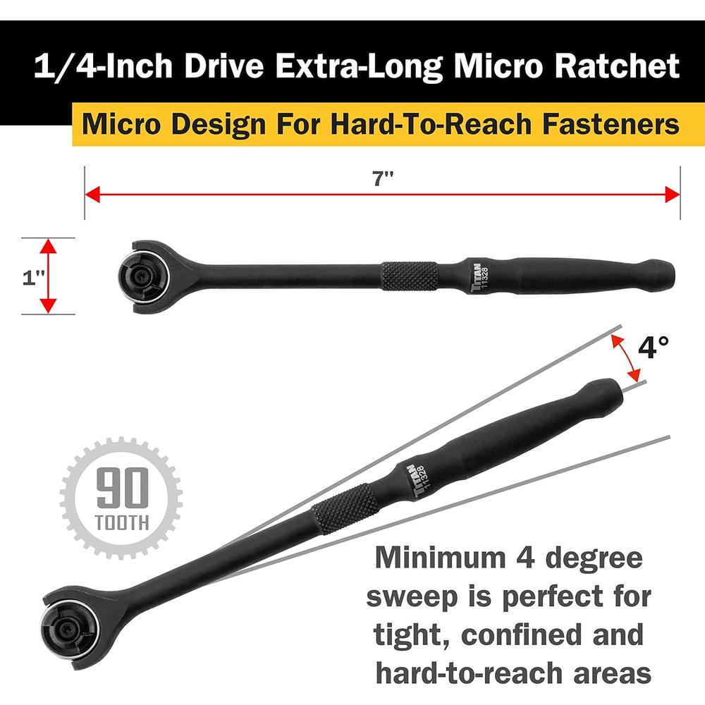 Titan Tools 11328 1/4" DR. 7" XL SWIVEL HEAD MICRO REVERSIBLE RATCHET