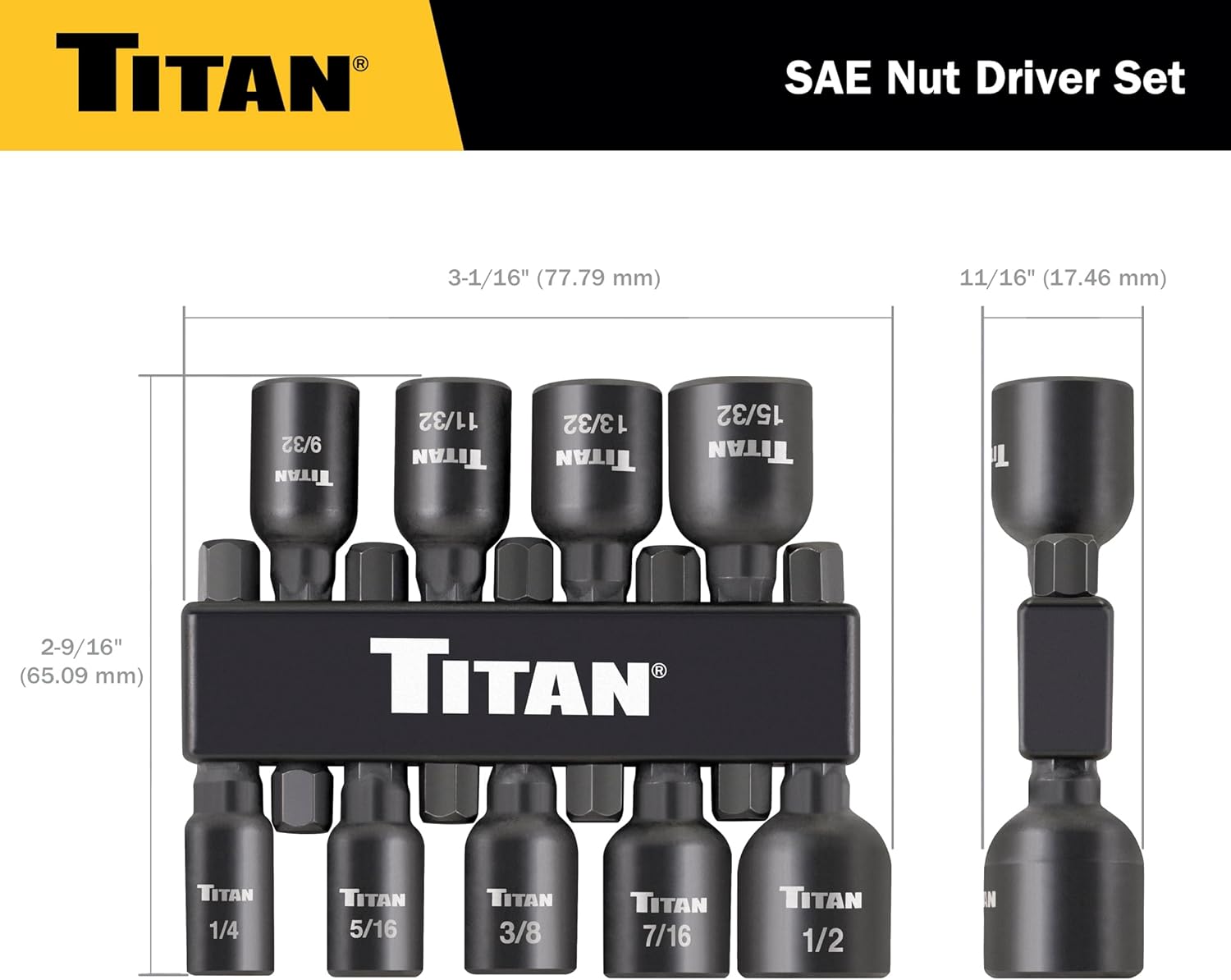 Titan Tools 16298 9pc Magnetic SAE Impact Nut Driver Kit, 1/4"-1/2"