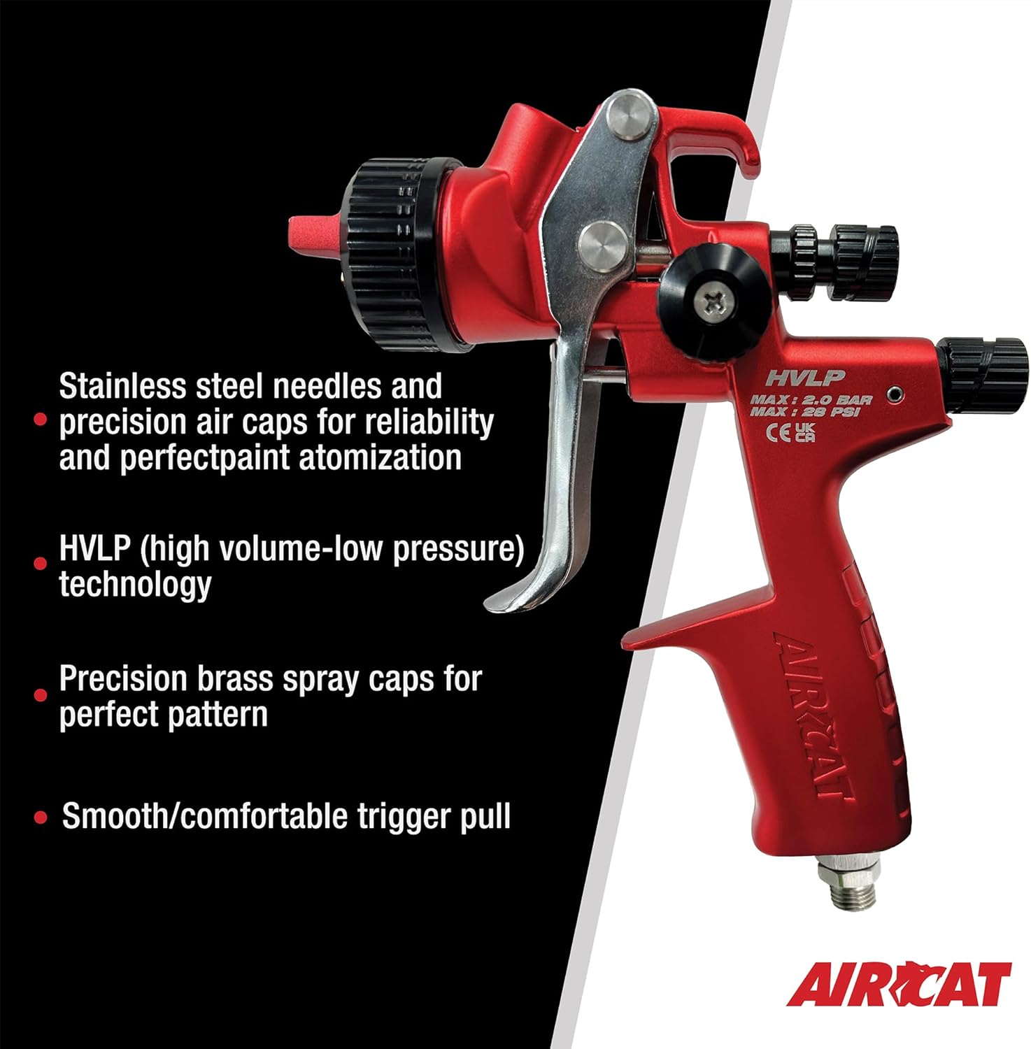 Aircat 6905 HVLP Spray Gun highlighting stainless steel needles, precision brass air caps, HVLP technology, and smooth trigger pull
