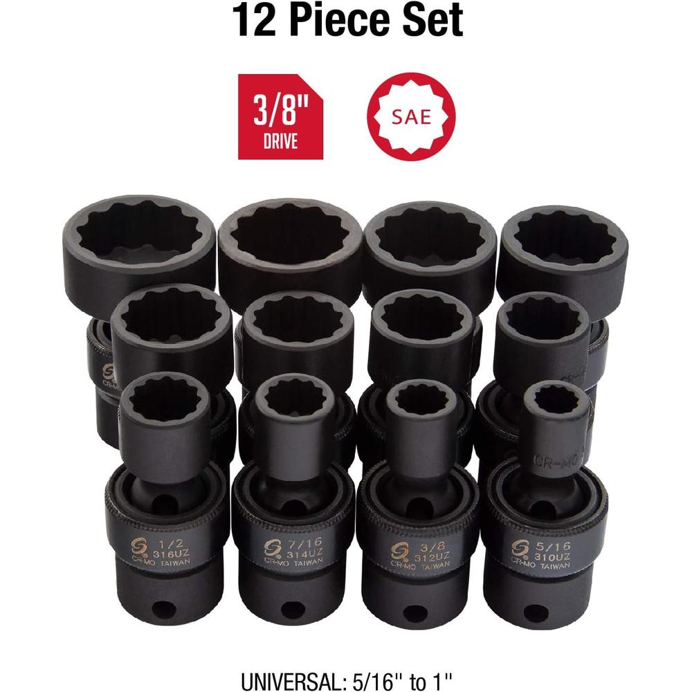 Sunex Tools 3690 12 Pc. 3/8" Dr. 12 Pt. SAE Universal Impact Socket Set