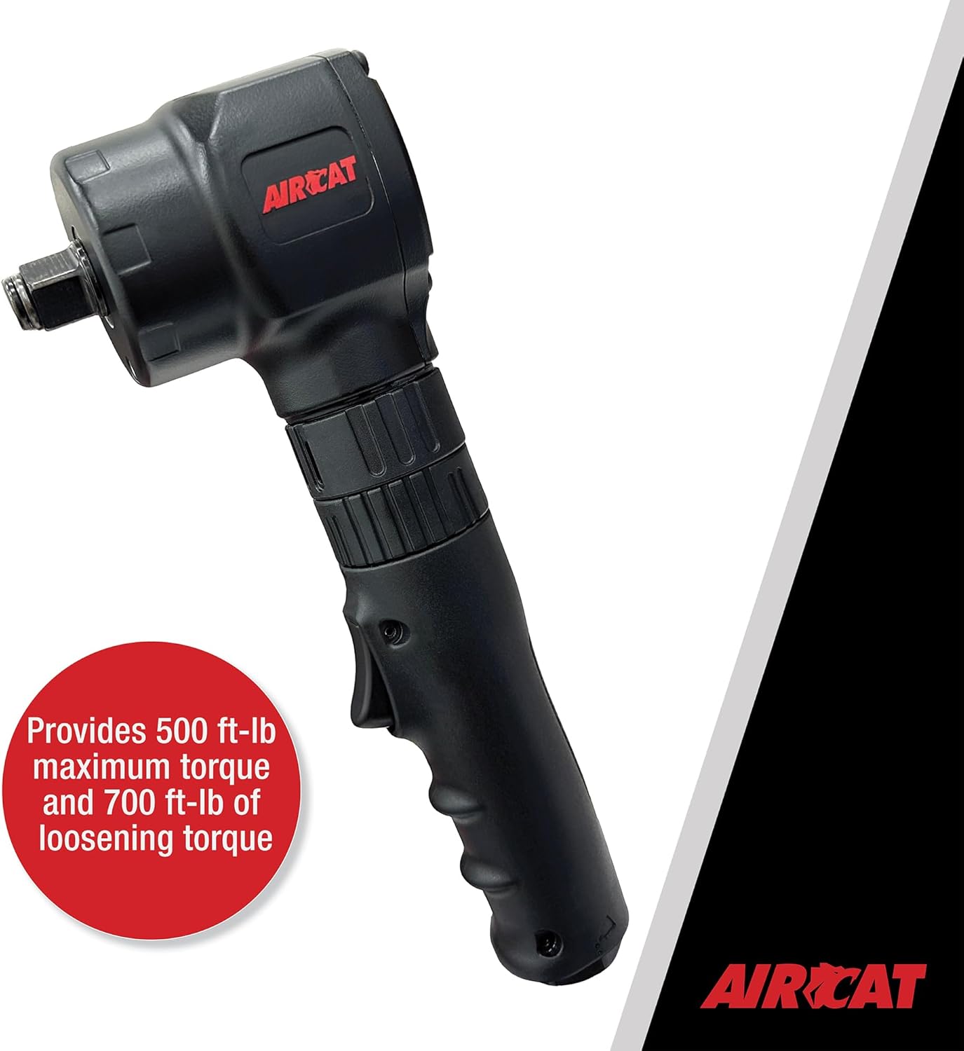 Aircat 1070 Angle Impact Wrench side view with 500 ft-lb maximum torque and 700 ft-lb loosening torque callout