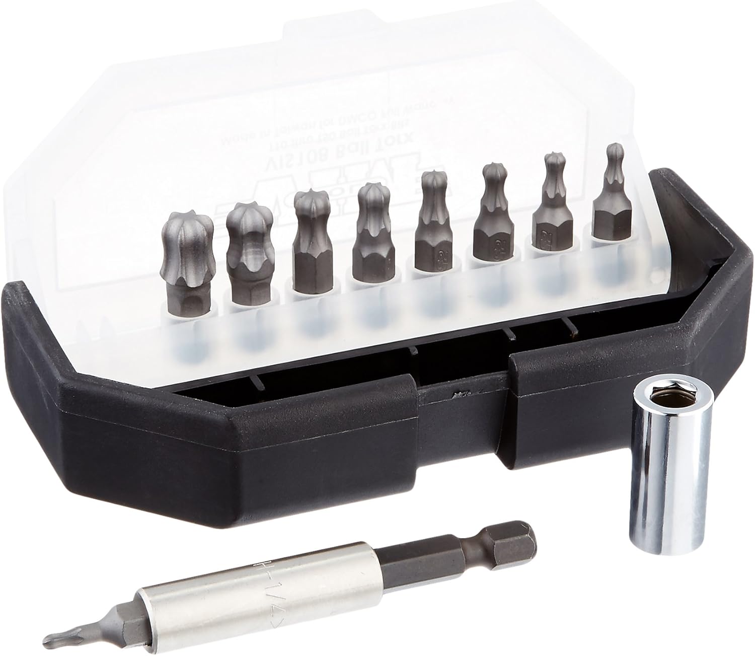 VIM Tools VIS108 Jeu d'embouts Torx à bille, 11 pièces. T10 à T50, 1/4"Mag.Driver &amp; Bit Holder, Black Box