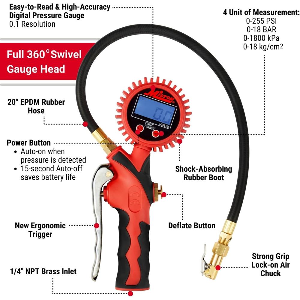 Milton Industries S-568 Digital Pistol Grip Inflator Gauge Euro Chuck