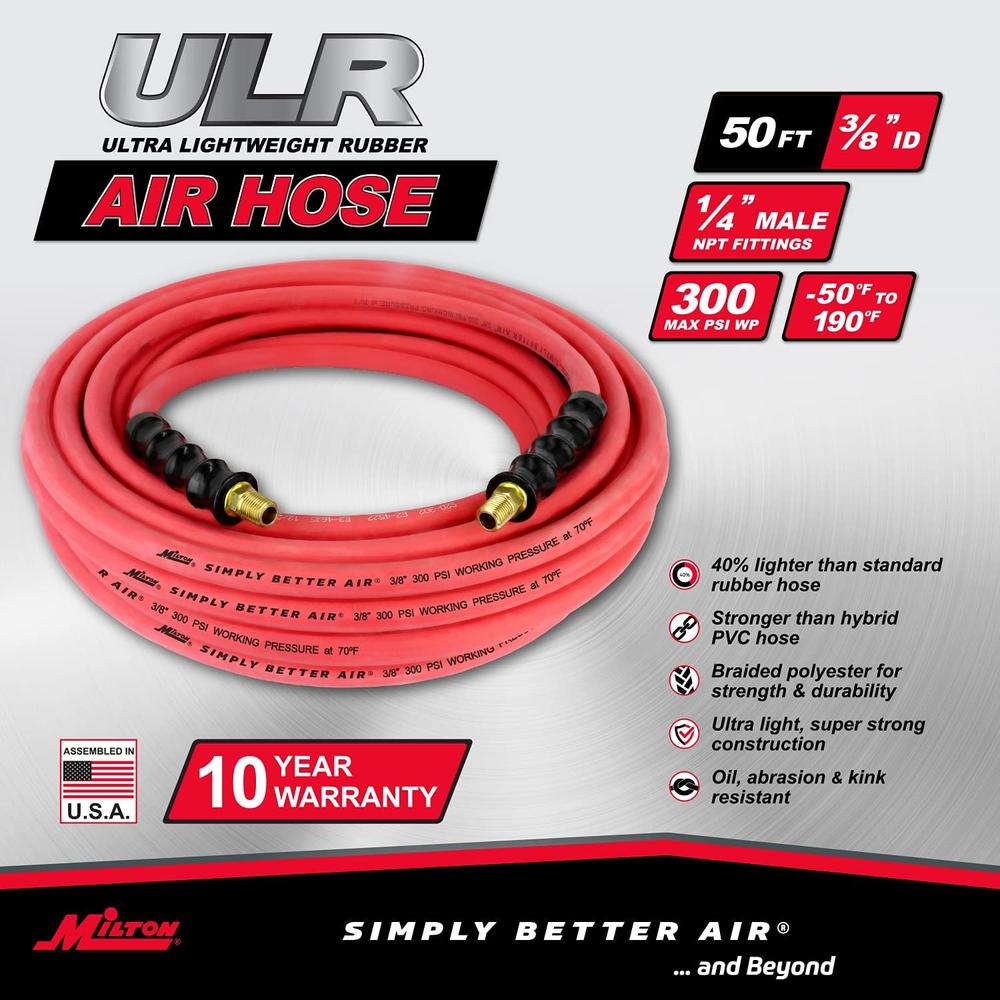 Milton Industries ULR385014 TUYAU À AIR EN CAOUTCHOUC ULTRA LÉGER 3/8" X 50' AVEC EXTRÉMITÉS 1/4" NPT