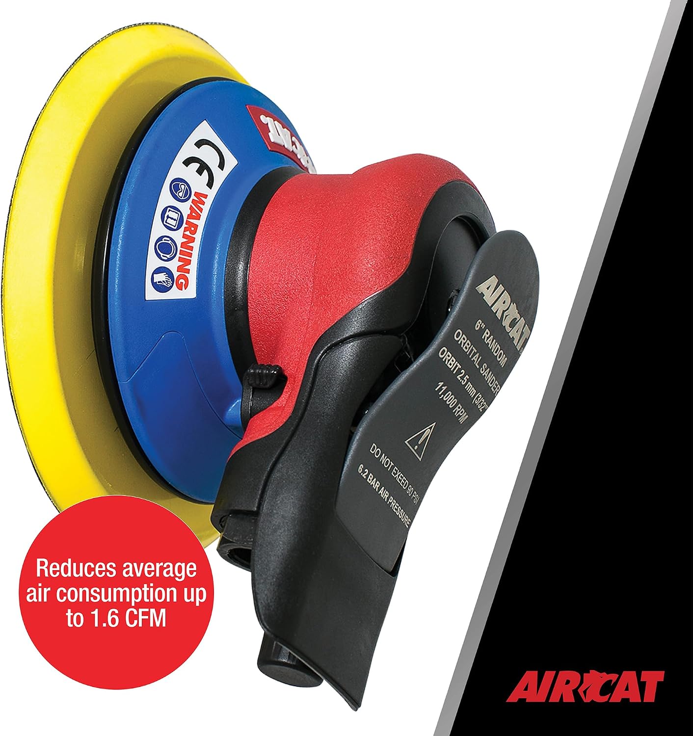 Aircat 6700-6-332 Orbital Palm Sander - side view highlighting 1.6 CFM average air consumption
