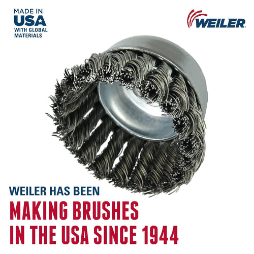 Weiler 12306 Brosse coupe métallique. Trou fileté. Acier. Torsion partielle nouée. Ligne unique. 10,2 cm de diamètre. 0,014" de diamètre de fil. Arbre 5/8"-11. Longueur des poils 1-1/4". 9000 tr/min
