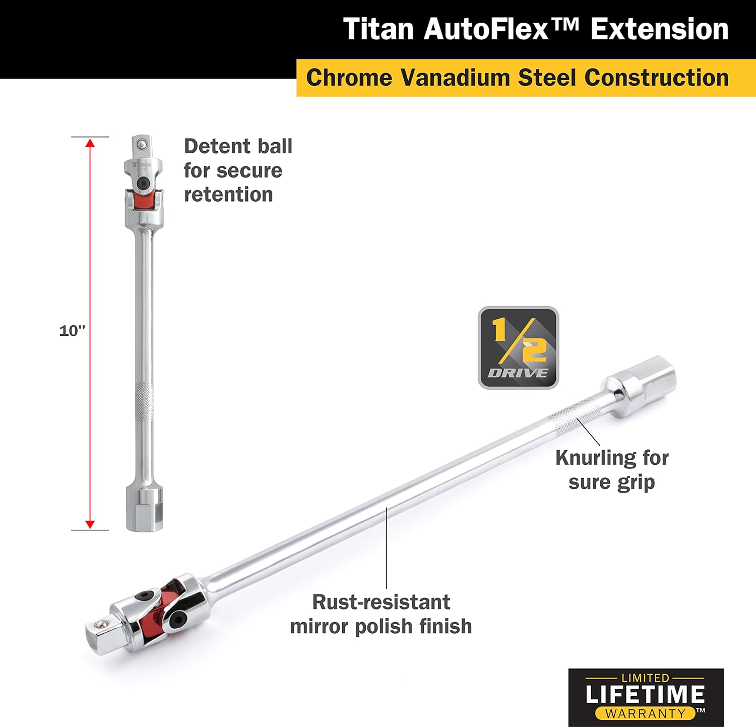 Titan Tools 62110 1/2" Drive 10" Long Auto Flex Extension