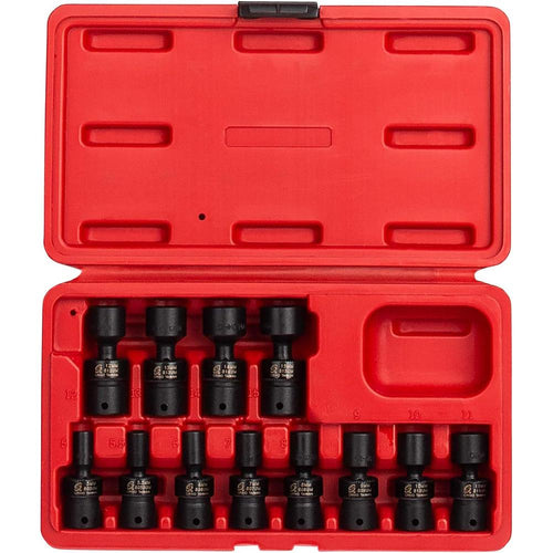 Sunex Tools 1814 1/4 in. Drive Universal Impact Socket Set, 12 pieces, Metric, 5mm - 15mm, Cr-Mo Steel, Radius Corner Design, Chamfered Opening, Dual Size Markings, Heavy Duty Storage Case