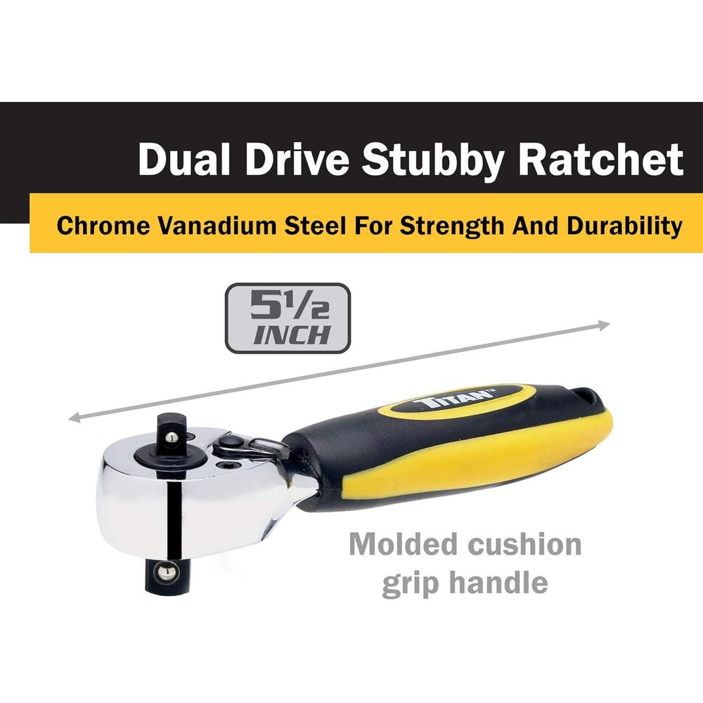 Titan Tools 11050 1/4 In. And 3/8 In. Drive Dual Head Stubby Ratchet