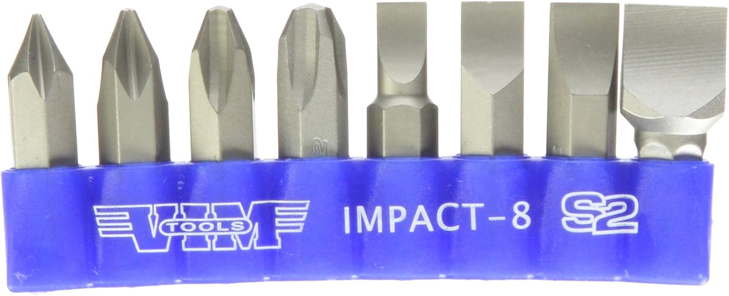 VIM Tools IMPACT-8 Impact Quality S2 Bit Set, 8 Pc Bits 5/16" Hex Bodies, 1.25"L, P1-P4 Phillips & Flat Tip