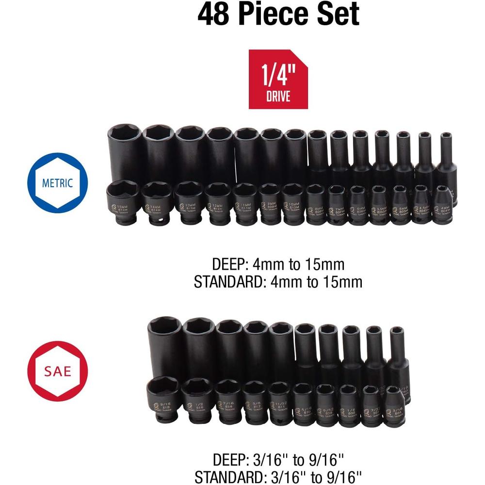 Sunex Tools 1848 1/4 in. Drive Master Impact Socket Set, 48 pieces, SAE/Metric, 3/16 in. - 9/16 in., 4mm - 15mm, Standard/Deep, Cr-Mo Alloy Steel, Radius Corner Design, Heavy Duty Storage Case