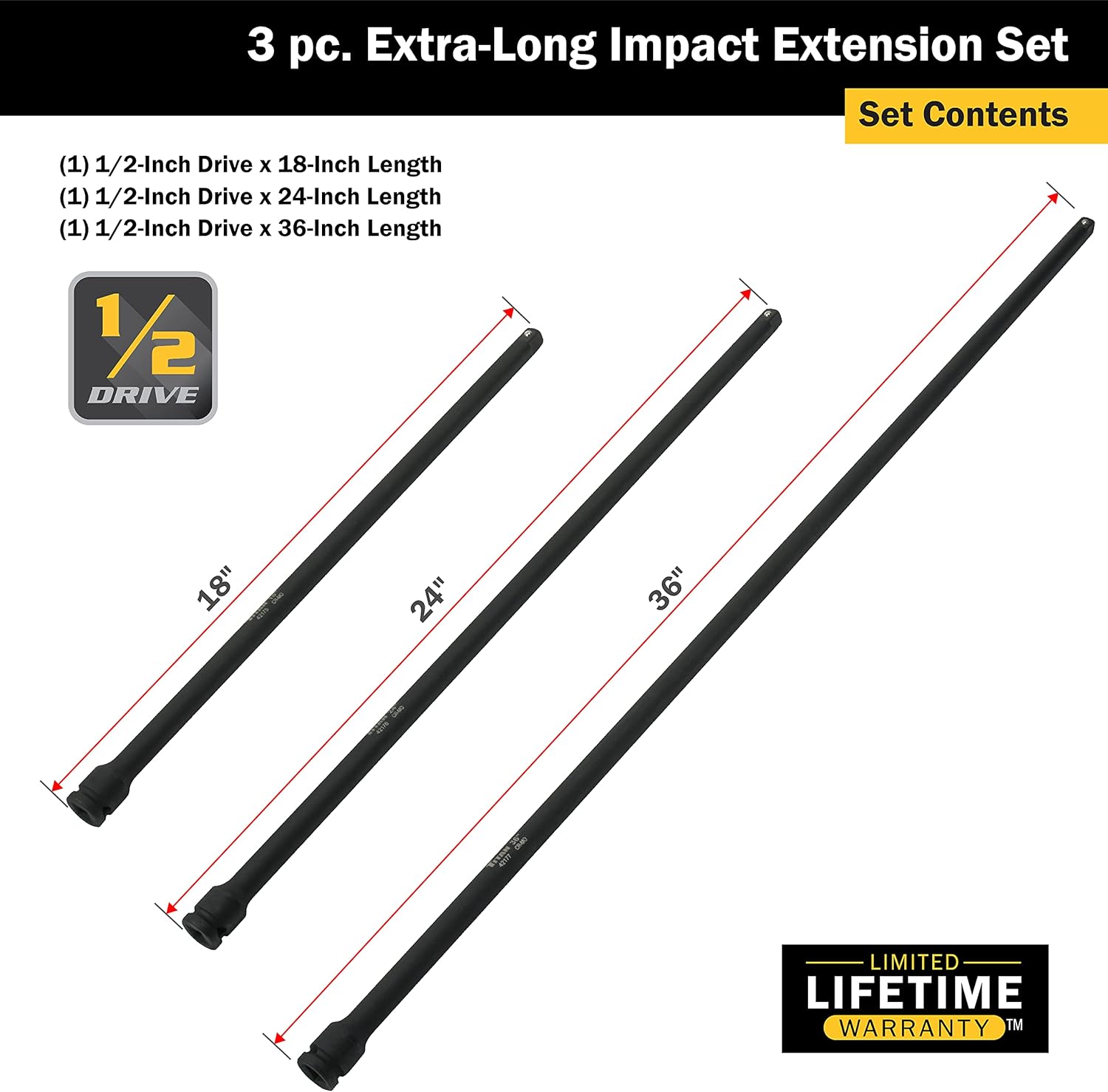Titan 42173 3-Piece 1/2-Inch Drive Extra Long Impact Extension Set