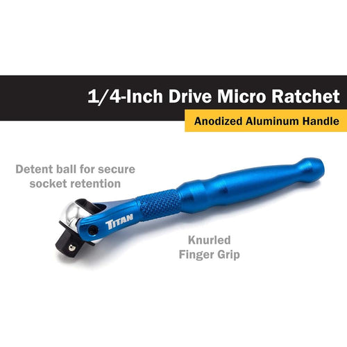 Titan Tools 11316 Micro cliquet à tête pivotante 1/4" x 4" 90 dents Bleu