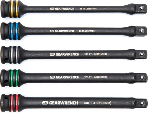 GearWrench 89650 Jeu de 5 barres d'extension d'impact à limitation de couple de 8 pouces de long, entraînement 1/2", 65, 80, 100, 120, 140 pi-lb