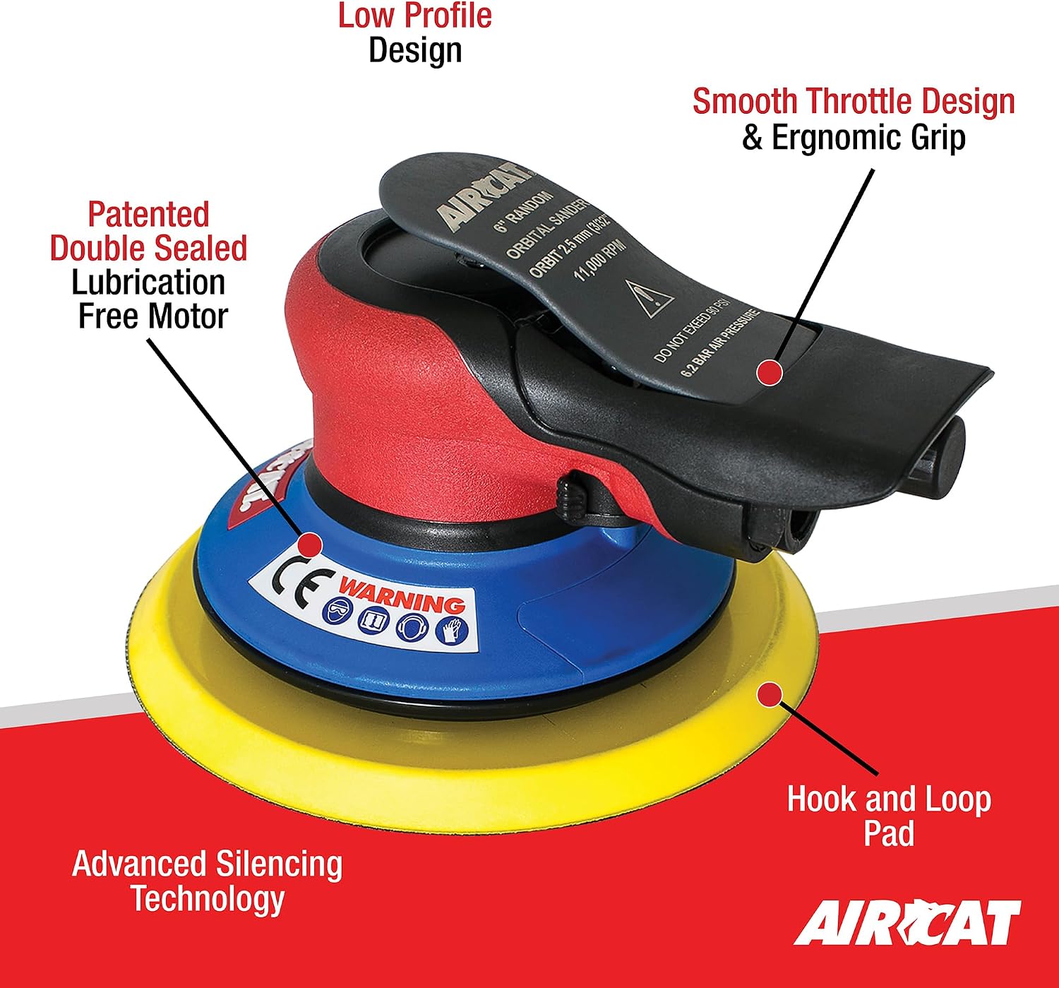 Aircat 6700-6-332 Orbital Palm Sander - feature callout diagram: low profile design, double-sealed motor, hook and loop pad